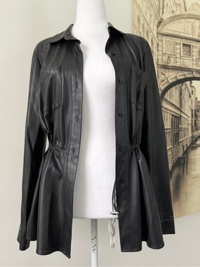 Like New Black Faux Leather Drawstring Shirt Jacket